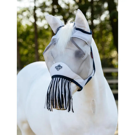 White lemieux fringe fly mask with navy fleece binding micro-mesh ears and black trim for horse ventilation