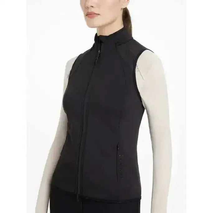 Black lemieux gayle gilet sleeveless zip-up vest with high collar and subtle side pockets perfect for layering