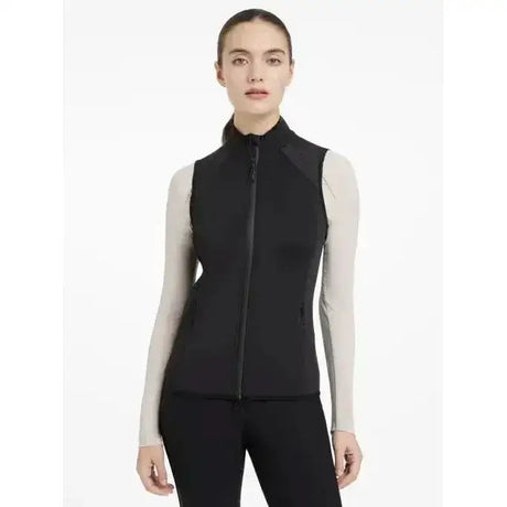 Black zip-up sleeveless vest with high collar and subtle side seams lemieux gayle gilet black