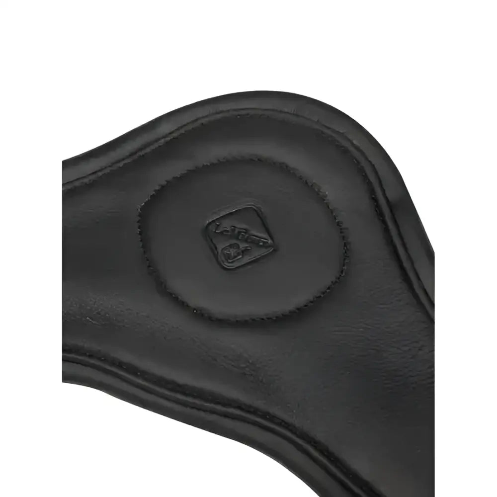 Black leather horse saddle pad with stitched logo patch paired with anatomic dressage girth in ultra soft oiled leather