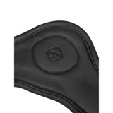 Black leather horse saddle pad with stitched logo patch paired with anatomic dressage girth in ultra soft oiled leather