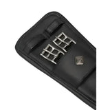 Black leather anatomic dressage girth with silver buckles and diamond emblem maximises comfort gel and ultra soft oiled leather
