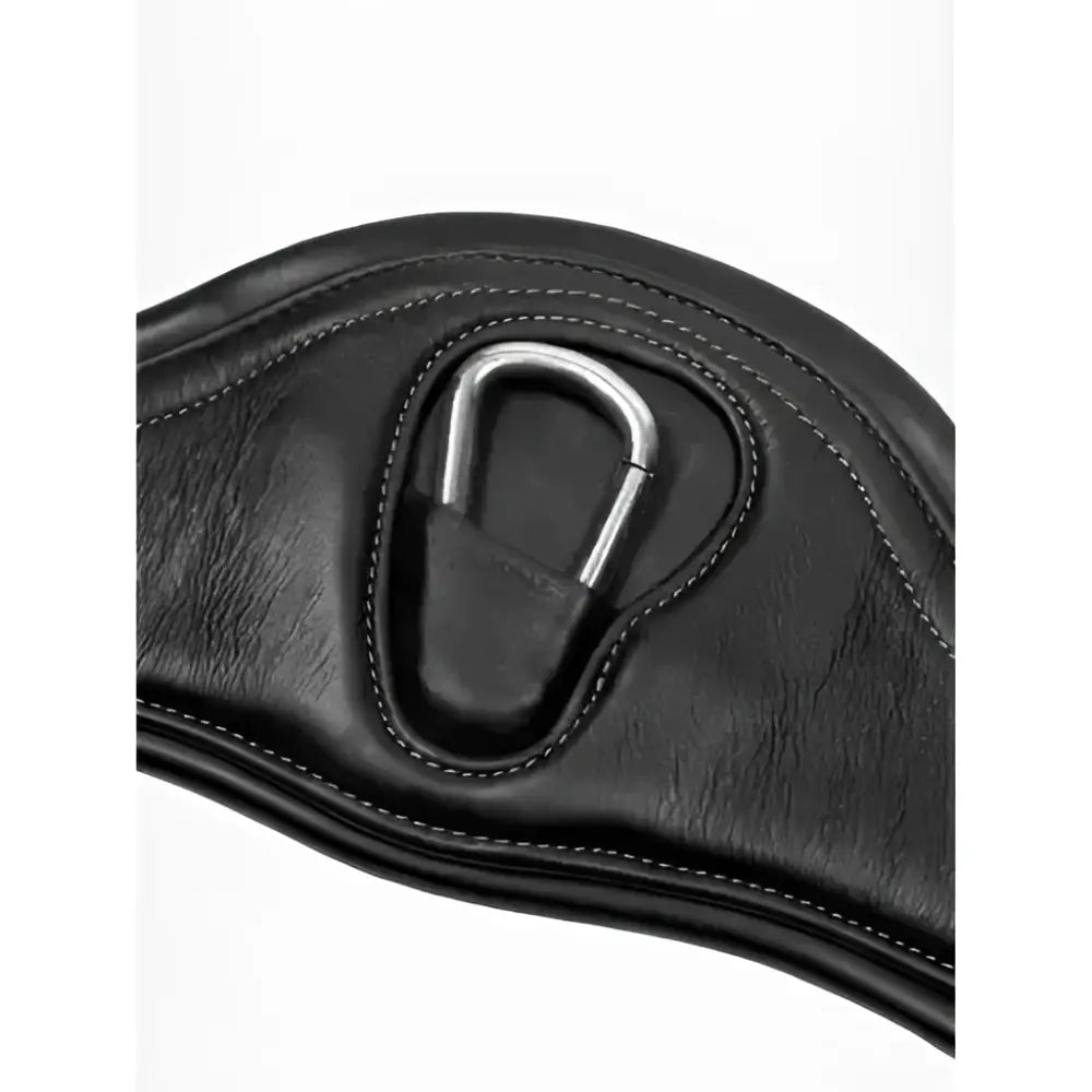 Black leather anatomic high performance girth black with comfort gel impregnated padding and silver metal d-ring attachment