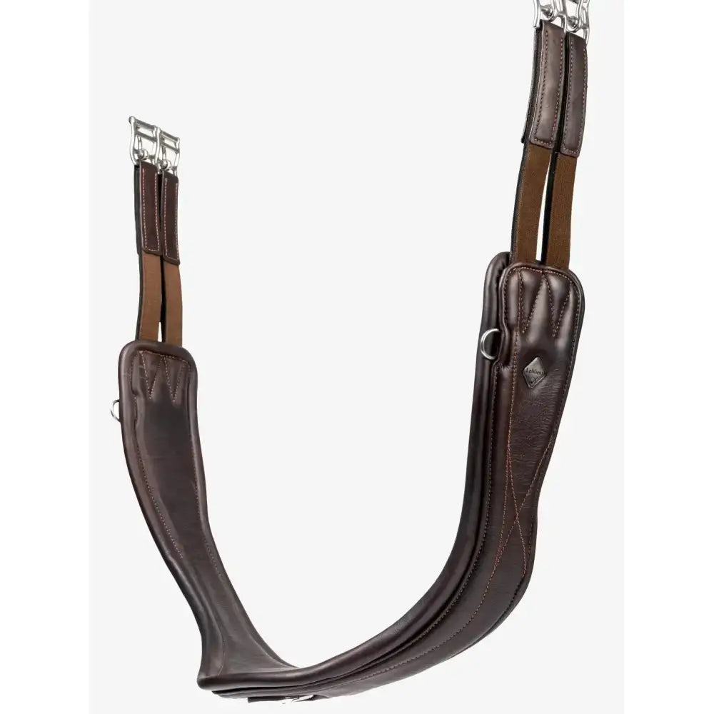 Brown leather anatomic high performance saddle pad with stitched detailing and silver metal hardware