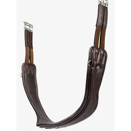 Brown leather anatomic high performance saddle pad with stitched detailing and silver metal hardware