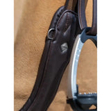 Dark brown ultra soft leather anatomic high performance saddle pad with silver lemieux diamond logo plaque