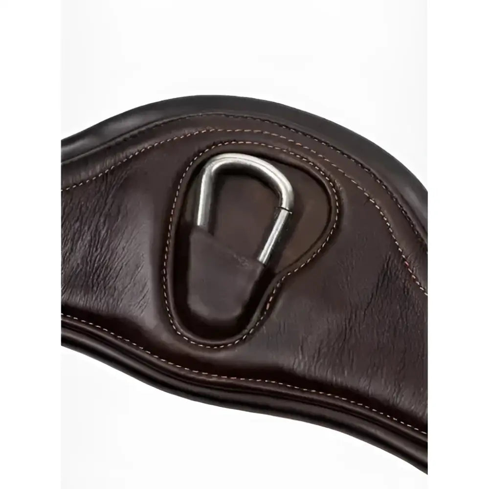 Brown leather anatomic high performance jumping girth with ultra soft leather and silver metal d-ring buckle