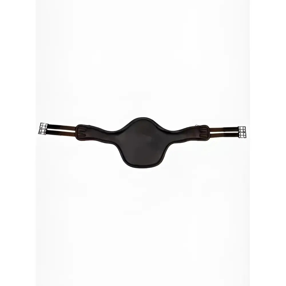 Black leather horse saddle pad with silver metal buckles shown with lemieux gel-tek anatomic long stud girth brown
