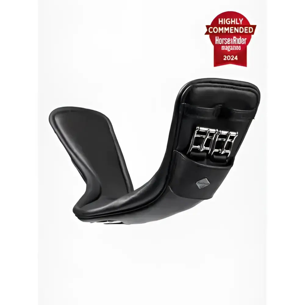 Black leather horse saddle pad with silver stirrup leathers paired with lemieux comfort gel impregnated anatomic mono girth black