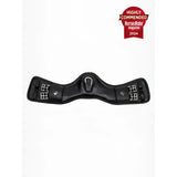 Black leather anatomic mono girth with silver buckles and central d-ring features comfort gel impregnated ultra soft oiled leather