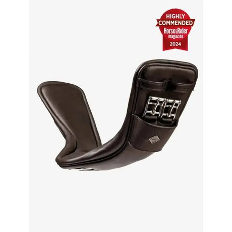 Black leather horse saddle pad with silver buckles and diamond logo designed for anatomic high performance and comfort