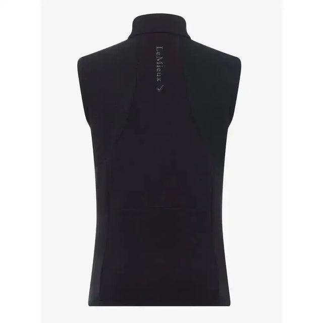 Back view of lemieux giselle gilet black sleeveless cycling vest with high collar and bonded sweat fabric design