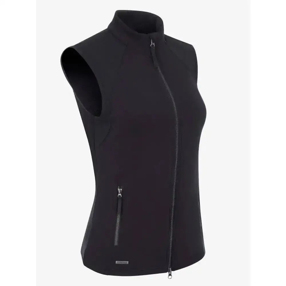 Black lemieux giselle gilet sleeveless zip-up vest with high collar and silver zippers made from bonded sweat fabric
