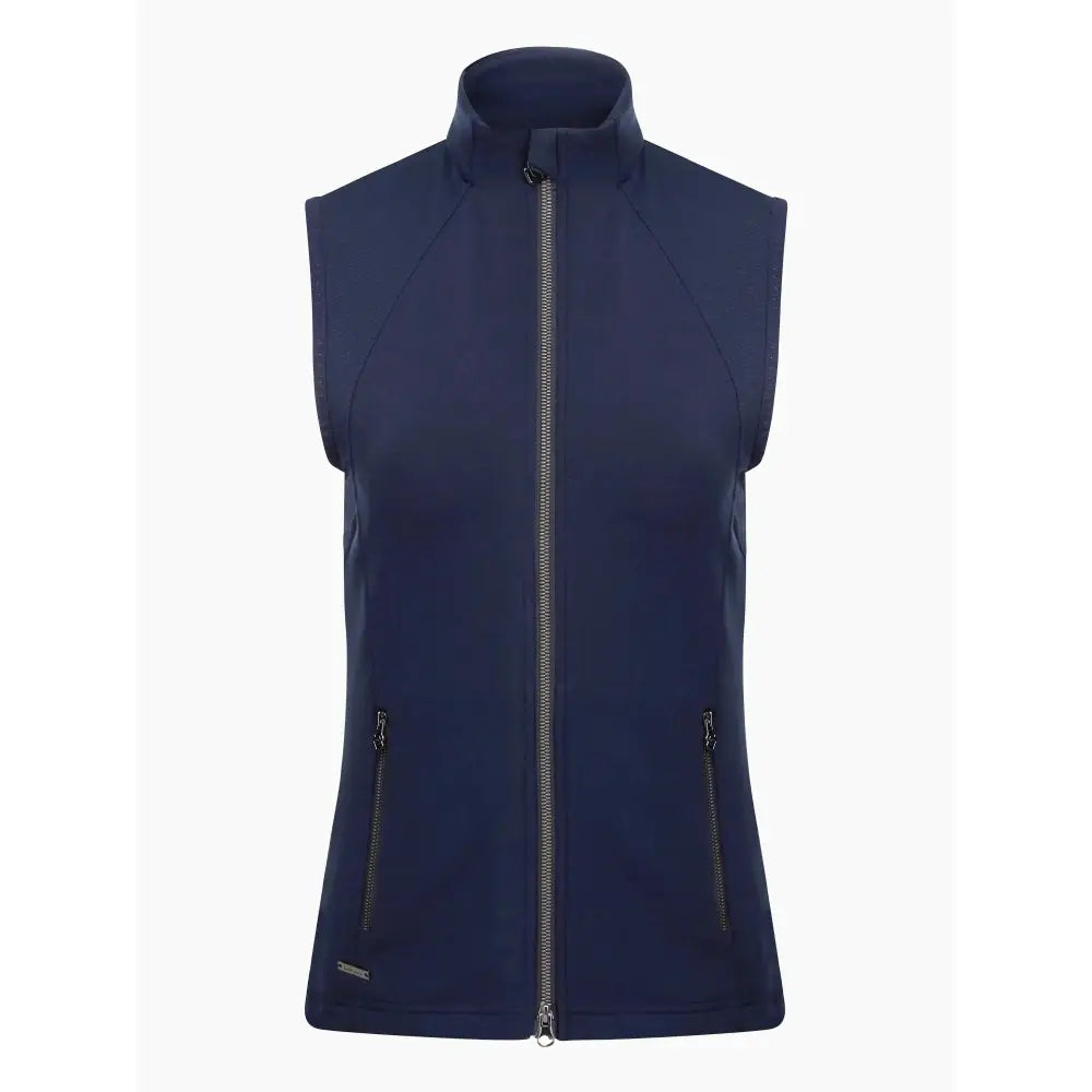 Navy blue sleeveless fleece vest with full zipper and pockets perfect as a stylish throw-on layer lemieux giselle gilet