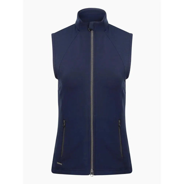 Navy blue sleeveless fleece vest with full zipper and pockets perfect as a stylish throw-on layer lemieux giselle gilet