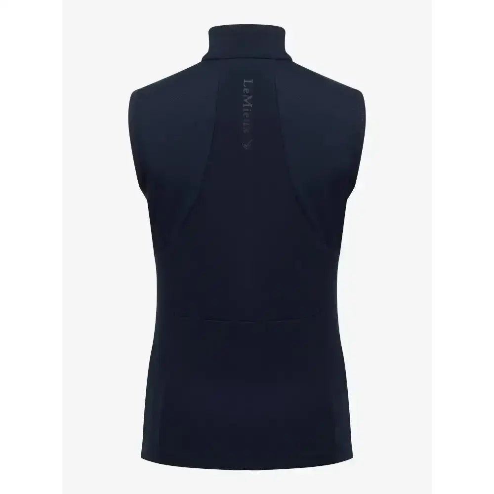 Back view of lemieux giselle gilet navy sleeveless vest with subtle vertical logo stylish throw-on layer