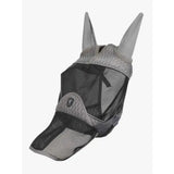 Gray mesh lemieux gladiator fly mask with padded textured ear covers and black mesh face for fly protection