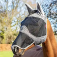 Black and gray mesh lemieux gladiator fly mask with textured scale pattern ear flaps for fly protection