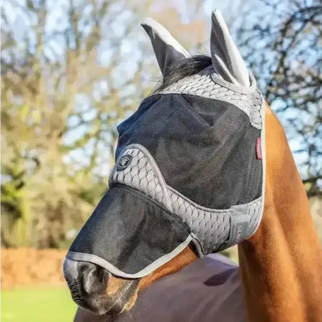 Black and gray mesh lemieux gladiator fly mask with textured scale pattern ear flaps for fly protection