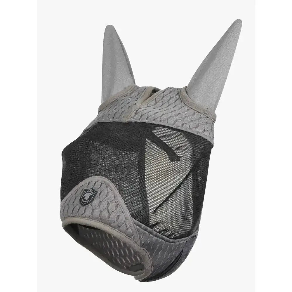 Gray mesh lemieux gladiator half fly mask with padded textured ear covers and small logo patch