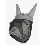 Gray mesh lemieux gladiator half fly mask with padded textured ear covers and small logo patch