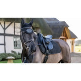 Black horse wearing lemieux general purpose work pad in black with extra padding saddle pads under sleek dark blue tack