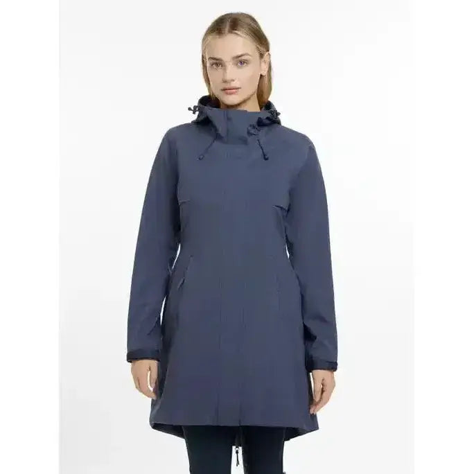 Navy blue waterproof lemieux grace long rain jacket dusk with adjustable hood and front zipper closure