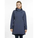 Navy blue waterproof lemieux grace long rain jacket dusk with adjustable hood and front zipper closure