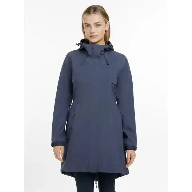 Navy blue waterproof lemieux grace long rain jacket dusk with adjustable hood and front zipper closure