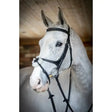 Black leather lemieux grackle bridle with decorative braided browband and silver hardware designed with merino wool padding