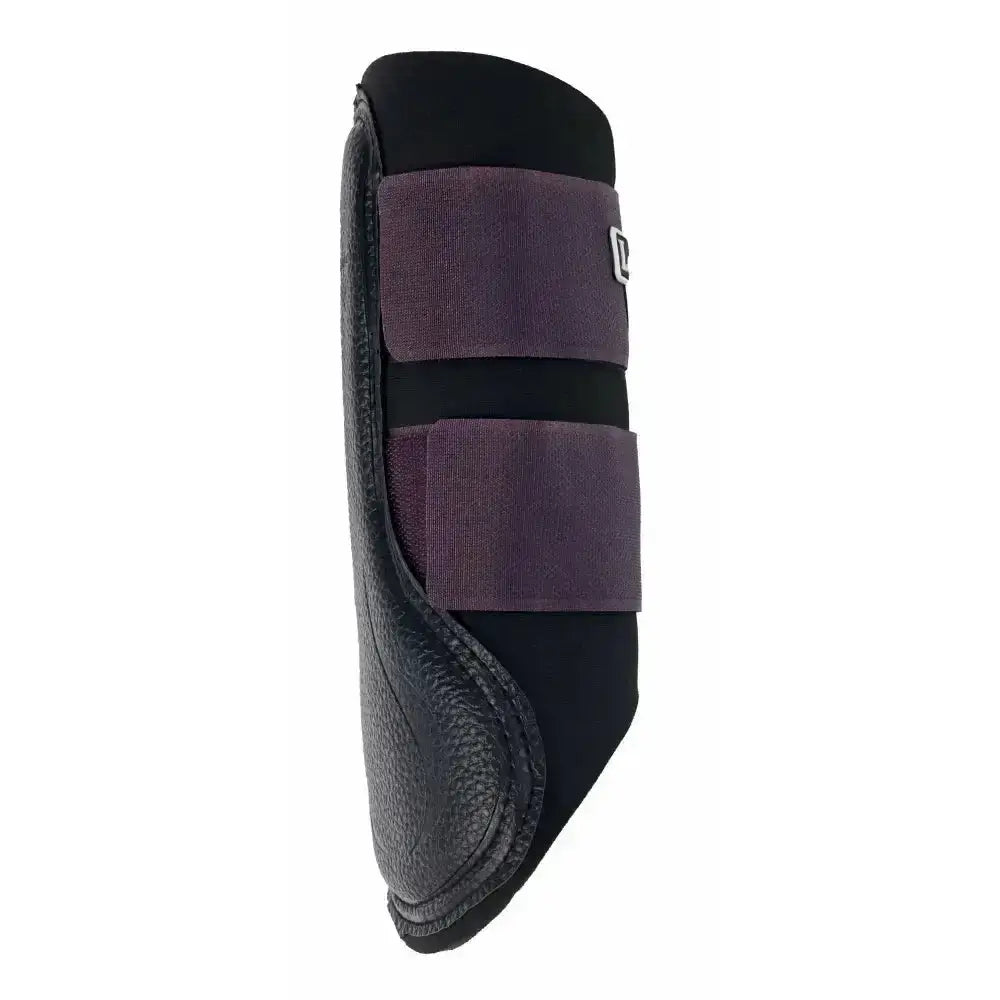 Black leather lemieux grafter boot with two dark purple elastic straps and white logo on upper strap offer fantastic fit