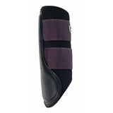 Black leather lemieux grafter boot with two dark purple elastic straps and white logo on upper strap offer fantastic fit