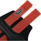 Red and black leather horse riding glove with lemieux logo patch paired with lemieux grafter boot sienna hard working boot