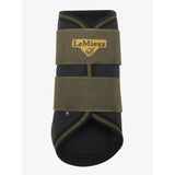 Back view of olive green and black lemieux grafter boots alpine with reinforced straps for highly durable brushing boots