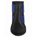Black leather lemieux grafter brushing boot with blue elastic straps and textured surface for horse protection