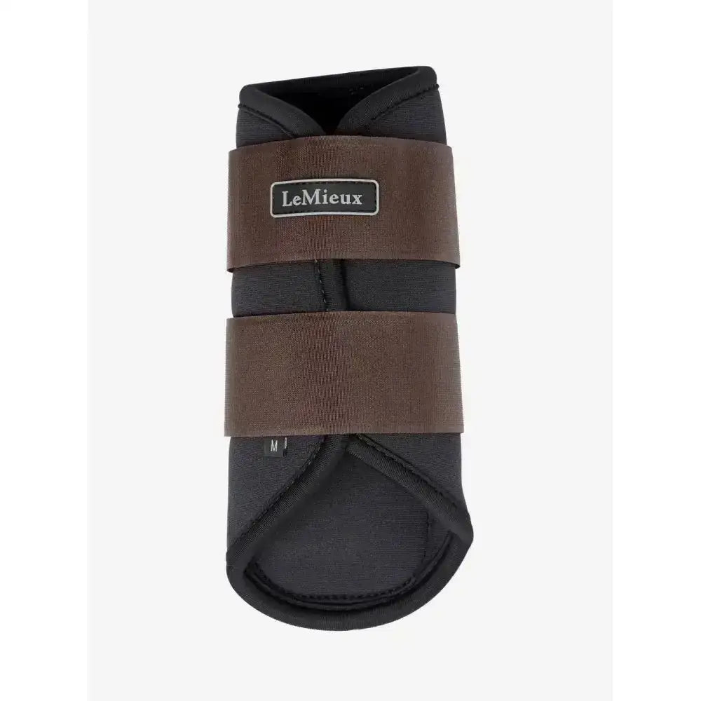 Black and brown lemieux grafter brushing boot with two adjustable straps for highly durable hoof protection