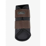 Black and brown lemieux grafter brushing boot with two adjustable straps for highly durable hoof protection