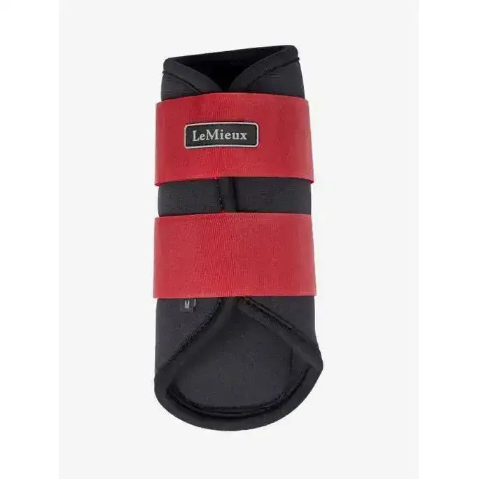 Red and black lemieux grafter brushing boot with elastic straps a highly durable grafter hoof protector
