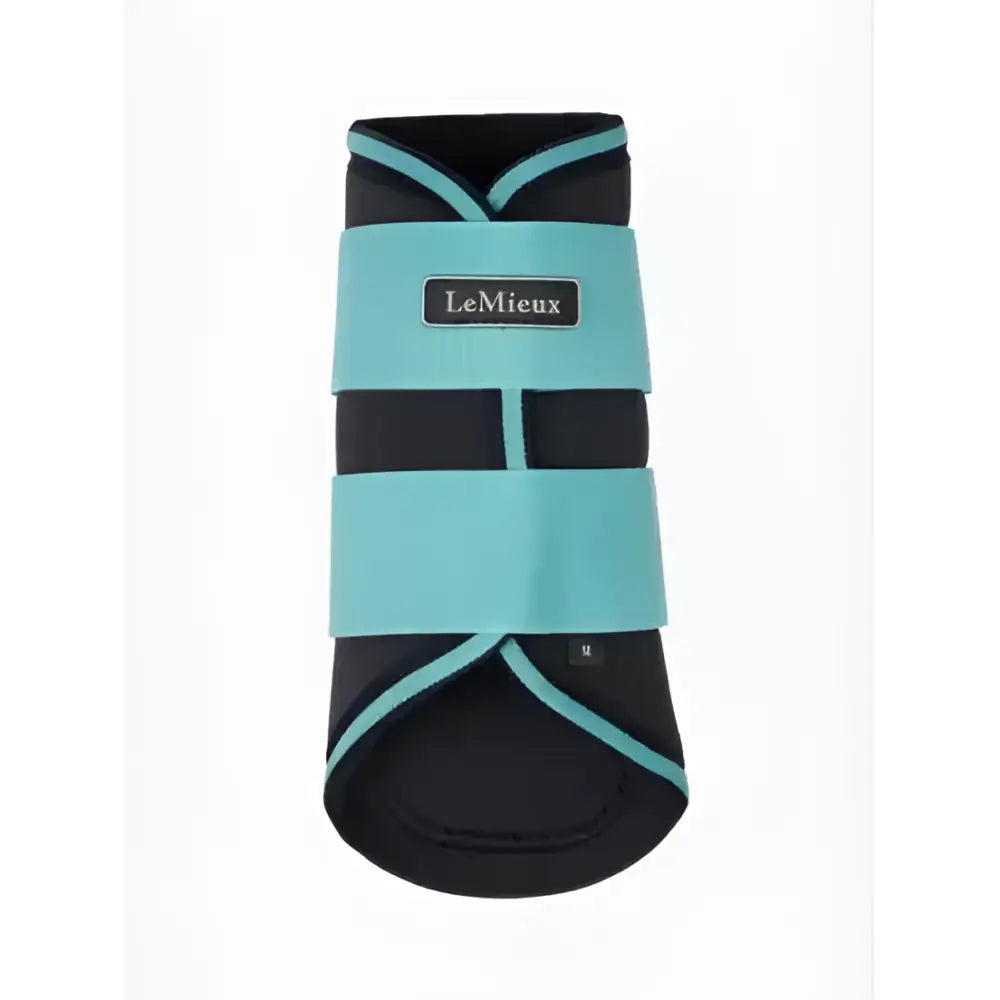 Teal and black lemieux grafter brushing boots lagoon with elastic straps for easy secure fit on horse hooves