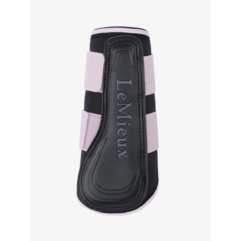 Black and light pink striped lemieux grafter brushing boots lilac with embossed branding on horse hoof protector