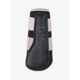 Black and light pink striped lemieux grafter brushing boots lilac with embossed branding on horse hoof protector
