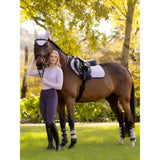 A sleek dark brown horse wearing lemieux grafter brushing boots lilac standing calmly in an autumn field