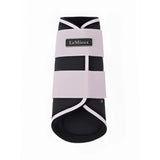 Black and light pink striped lemieux grafter brushing boots lilac with white stitching and lemieux brand label