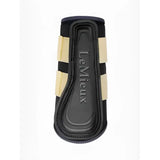 Black lemieux grafter brushing boots with beige straps and embossed branding for equestrian protection