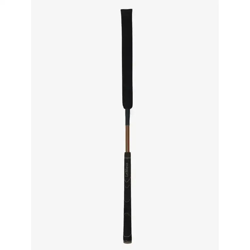 Black leather riding crop with polished copper shaft and embossed branding lemieux grip-tek baton for general purpose riding