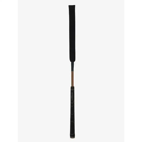 Black leather riding crop with polished copper shaft and embossed branding lemieux grip-tek baton for general purpose riding