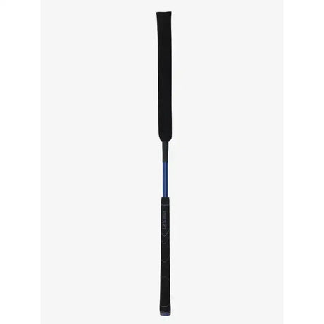 Black leather riding crop with blue metallic shaft and lemieux branding on handle lemieux grip-tek baton navy