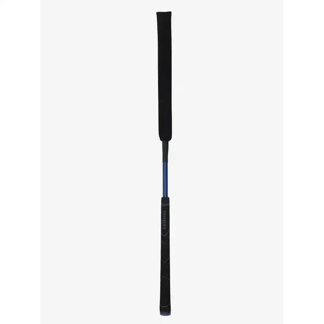 Black leather riding crop with blue metallic shaft and lemieux branding on handle lemieux grip-tek baton navy
