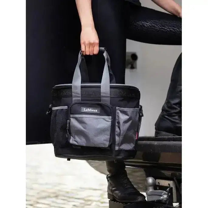 Black and gray lemieux grooming bag black with insulated bike basket, mesh side pockets, and front zippered compartment