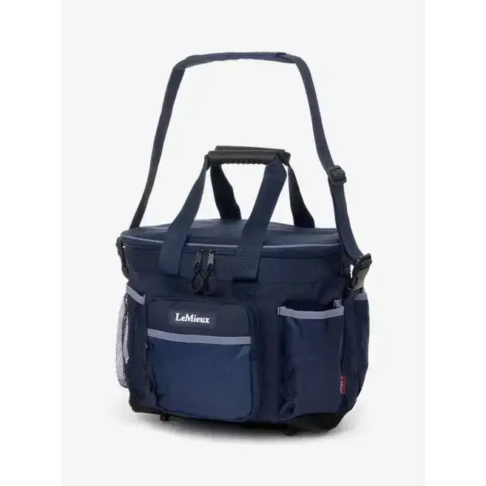 Navy blue lemieux grooming bag with black handles and gray trim perfect tough grooming carry-all cooler bag navy
